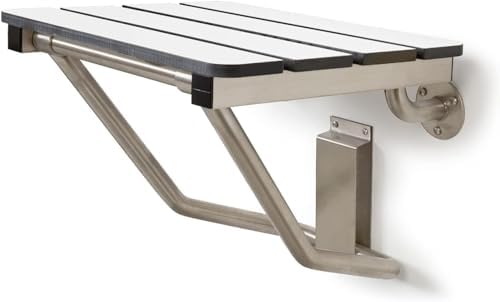 24" x 15" Phenolic White 3” Slats Folding Wall Mount Shower Seat Bench, ADA Compliant
