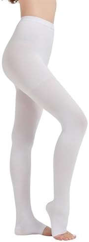 MGANG Medical Compression Pantyhose for Women & Men, 15-20mmHg Graduated Compression Support Tights, Open Toe, Opaque Waist High Compression Stockings for Edema, Varicose Veins, Flight, DVT, White S