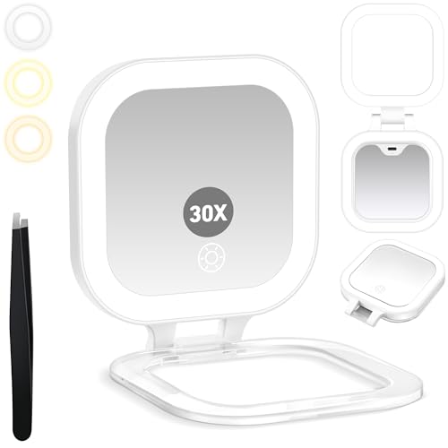 Travel Mirror with Light, 1x/30x Magnifying Mirror with 3 Color Lights and Adjustable Brightness, 4.5x3.9 inch Small Compact Hangable Hand Pocket 3 Way Mirrors, Comes with Tweezer