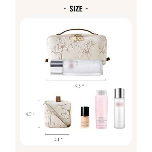 EACHY Travel Makeup Bag, Large Capacity Cosmetic Bags for Women, Waterproof Portable Pouch Open Flat Toiletry Bag Pattern Make up Bag (F-Beige)