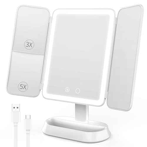 Vanity Mirror with Lights - Rechargeable Lighted Makeup Mirror | 1X/3X/5X Magnification, Smart Touch, 3 Colors Dimmable | Portable Trifold Mirror for Travel for Women and Girls