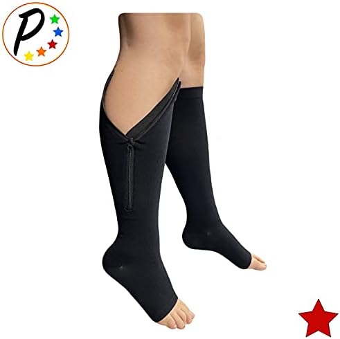 Original Open Toe 20-30 mmHg Firm Compression Circulation Zipper Socks (Black, L/XL)