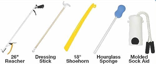 Essential Medical Supply Hip and Knee Surgery Recovery Kit - Includes Sock Aid, Shoehorn, Long Handles Sponge, Dressing Stick and Reacher for Seniors Recovering from Hip Replacement or Surgery