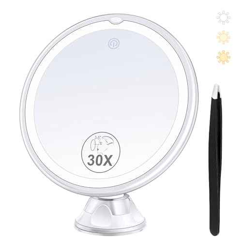 Magnifying Mirror with Light 30X, Lighted Makeup Mirror 30X for Precision Makeup, 3 Color Modes and Adjustable Brightness, 360¡Æ Swivel Magnifying Mirrors Suction Cup for Bathroom 8 Inches