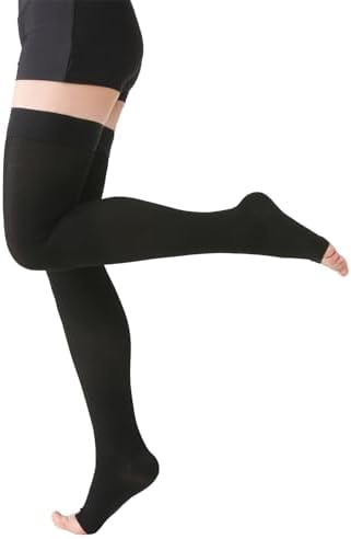 MGANG Medical Thigh High Compression Stockings for Men & Women, Pair, Open Toe, 15-20 mmHg Graduated Compression Support Hose, Opaque, Best for Varicose Veins, Edema, Flight, DVT, Swelling, Black L
