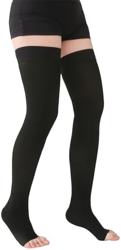 MGANG Medical Thigh High Compression Stockings for Men & Women, Pair, Open Toe, 15-20 mmHg Graduated Compression Support Hose, Opaque, Best for Varicose Veins, Edema, Flight, DVT, Swelling, Black M