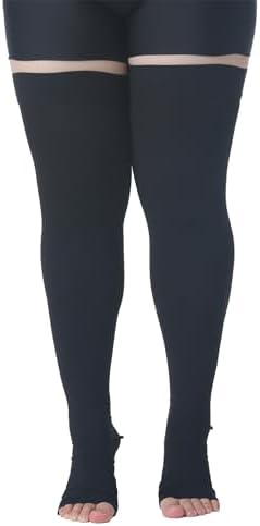 MGANG Medical Thigh High Compression Stockings for Men & Women, Pair, Open Toe, 15-20 mmHg Graduated Compression Support Hose, Opaque, Best for Varicose Veins, Edema, Flight, DVT, Swelling, Black 4XL