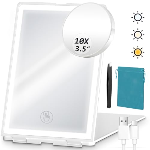 Travel Makeup Mirror with Lights, Rechargeable Portable Folding Compact Mirror Set with Tweezer, Lighted Makeup Mirrors with 72 LED 3 Color Light Modes, Dimmable Touch Screen LED Mirrors