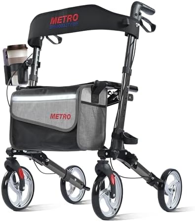 Metro Mobility Rollator Walker with Seat for Seniors, Foldable Lightweight Rolling Walker, 8" Big Wheels for All Terrain, 300 lb. Weight Capacity, Black