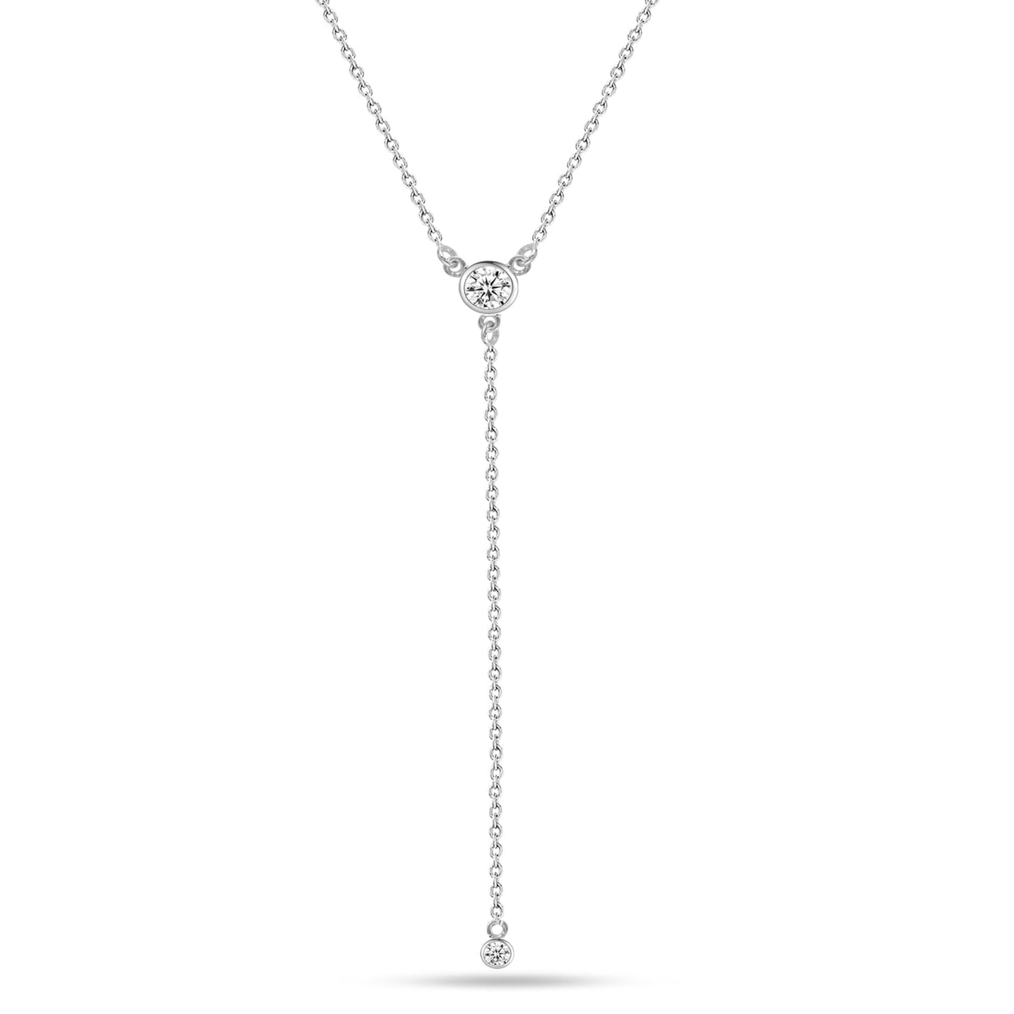 LeCalla 925 Sterling Silver Dainty Drop Adjustable Double CZ Lariat Necklace for Women Simple CZ Y Necklace Jewelry Cable Chain Necklace with Lobster Claw Clasp 18 Inches