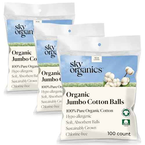 Sky Organics Organic Jumbo Cotton Balls for Sensitive Skin, 100% Pure Organic Cotton Sustainably Grown, Chlorine Free, Hypoallergenic, Ultra-Soft and Absorbant for Beauty&Personal Care, 300 ct