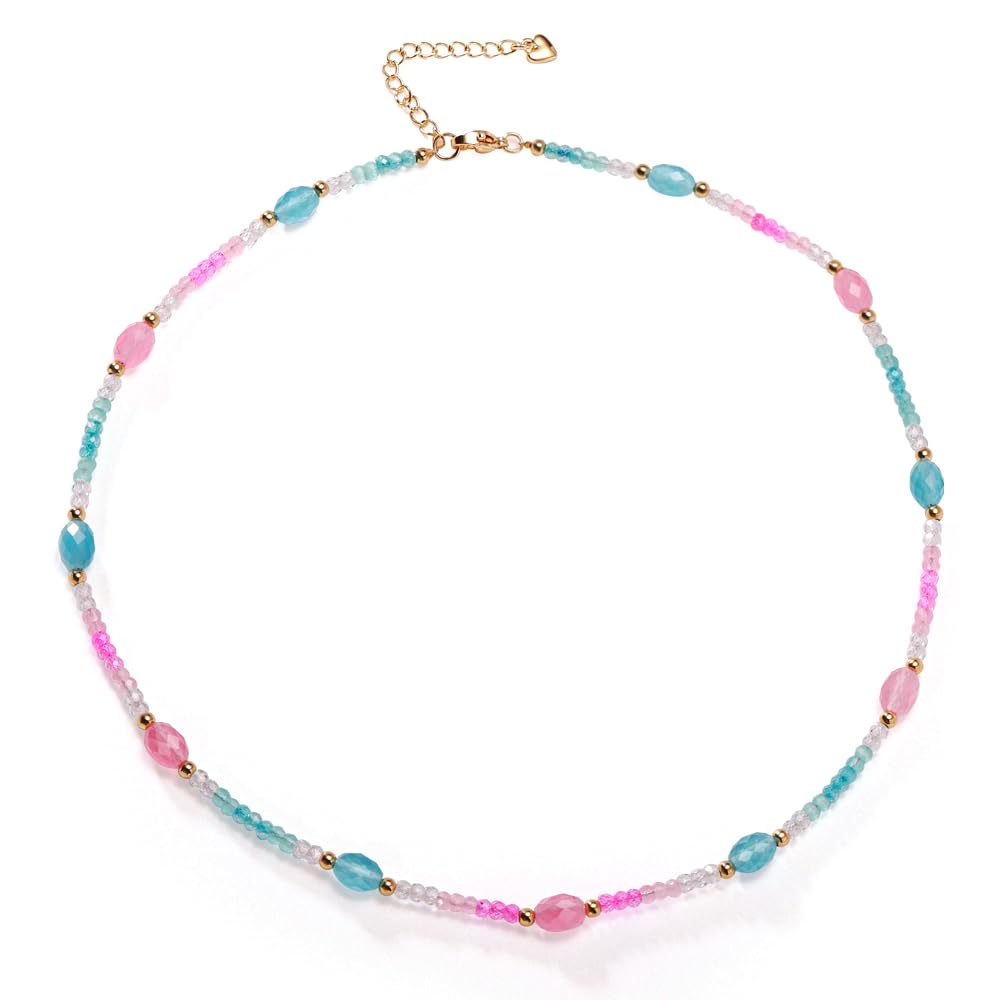 Gmissbabicoo Healing Crystal Necklace for Women Spiritual Zircon Beads Handmade Gemstone with 18k Golden Plated Blue Pink Crystals Stones Beaded Adjustable Necklaces with Jewelry Box