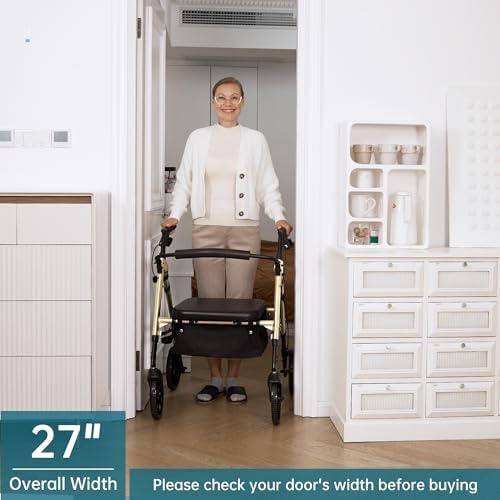 ELENKER Heavy Duty Rollator Walker with Extra Wide Padded Seat and Backrest, Aluminum Bariatric Rolling Walker, 10” Wheels, Support up to 500lbs for Seniors, Adults, Golden