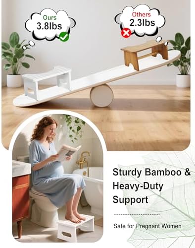 Foldable Toilet Stool, 7 Inches Bamboo Toilet Stool Squat for Adults, Collapsible Poop Stool for Bathroom, Potty Step Stool with Non-Slip Strip (White)