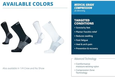 OS1st FS4 Crew length Plantar Fasciitis Socks for relief from heel and arch pain, swelling, and painful plantar fasciitis