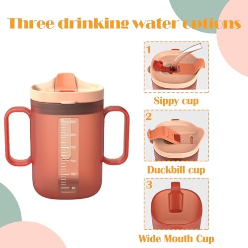 Spill Proof Sippy Cups for Seniors & Adults -10.2oz(300ml) with 2 Handles & Straw Lid, Elderly Drinking Cups for Patients, Disabled, Pregnant Women, Dishwasher Safe (Blue) (2, Blue+Orange)