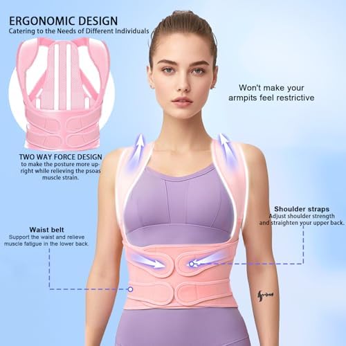 Posture Corrector for Women and Men,Adjustable Full Back Brace and Shoulder Straightener,for Back Pain Relief,Hunchback Correction,Scoliosis,Posture Trainer（Pink, large）