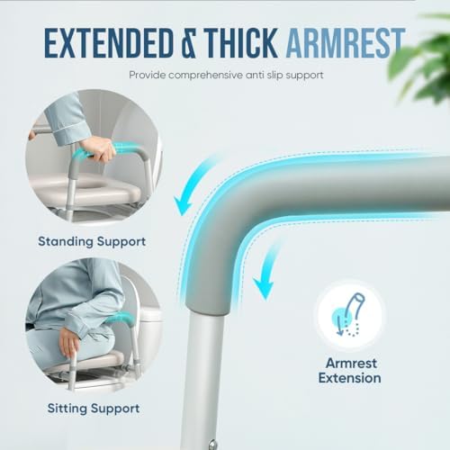 OasisSpace Raised Toilet Seat with handles-400lbs Heavy Duty Commode Chair with Safety Frame, Adjustable Stand Alone Elongated risers with arms for Elderly, Handicap, Disabled