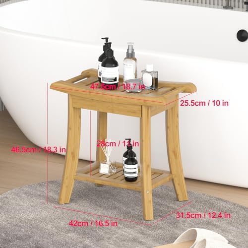 Bamboo Shower Bench Stool with Storage Shelf Small Shower Chair Seat for Inside Shower 19 x 10 x 18 Inches Natural