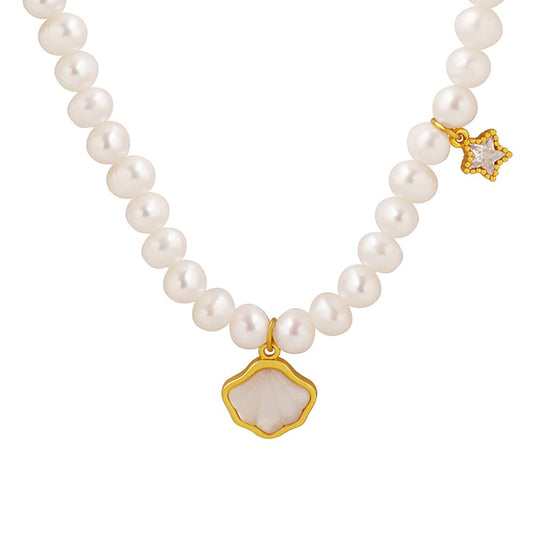 14K Gold Beaded Pearl Choker Necklace for Women,Freshwater Cultured Pearl Shell Shape Pendant Necklaces,Fashion Jewelry Gift for Her (Style 3, 14K Gold)