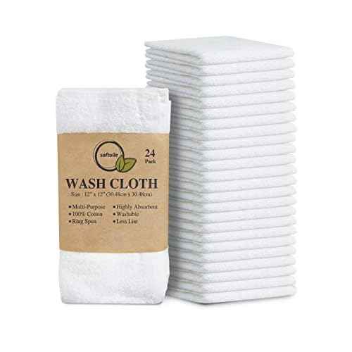 Softolle 100% Cotton Washcloths 24 Pack (12x12 Inches) Soft, Highly Absorbent Washcloth, Face Towels, Wash Cloths for Face, Ring Spun, Bulk Pack (White)