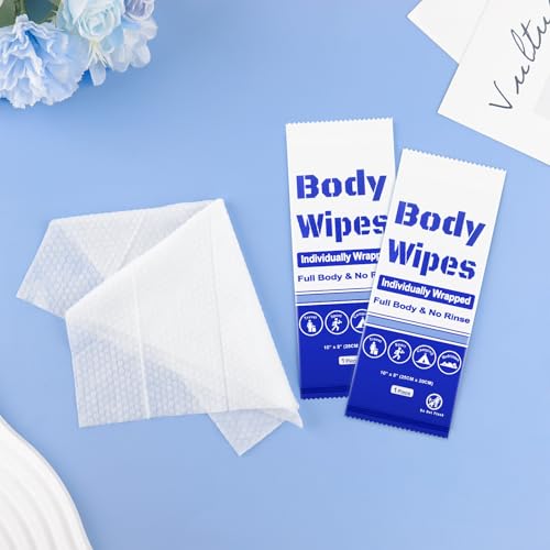 200Pcs Disposable Body Wipes, 7.8 x 9.8 inch Individually Wrapped Bath Wipes for Women Men in Bulk, No Rinse-Free Large Body Bath Shower Wipes for Home Travel Hotel Outdoors Camping After Gym (Blue)