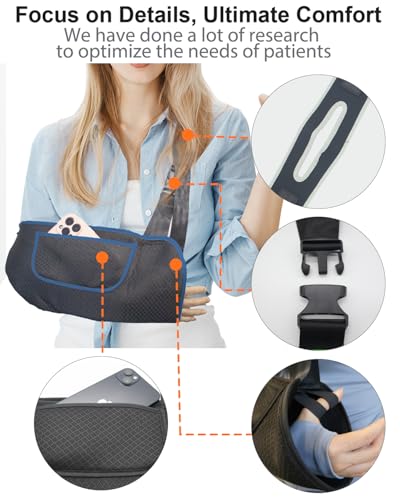 Arm Sling, Upgraded Straps, Ultimate Comfort, Convenient Pocket, Arm Sling Shoulder Immobilizer for Shoulder Injury, Elbow Injury, Wrist Injury, Fractured Bones, Rotator Cuff Support (M, Black & Blue)