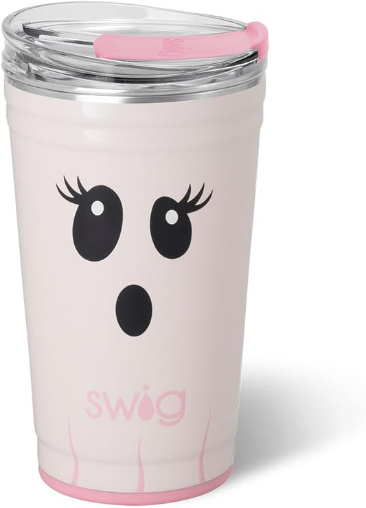 Swig Life 24oz Party Cup, Halloween Insulated Travel Coffee Tumbler with EZ Slider Lid, Cup Holder Friendly, Stainless Steel 24 oz Tumbler, Reusable Mug (Boo Crew Ghost)