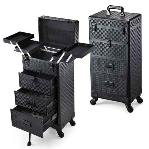 Stagiant Rolling Makeup Case with Drawers Cosmetology Case on Wheels 4 IN 1 Makeup Case 3 Drawers with Foot Stand Spring-release Mechanism Rolling Make Up Organizer for Artist Salon Nail Teach Trunk