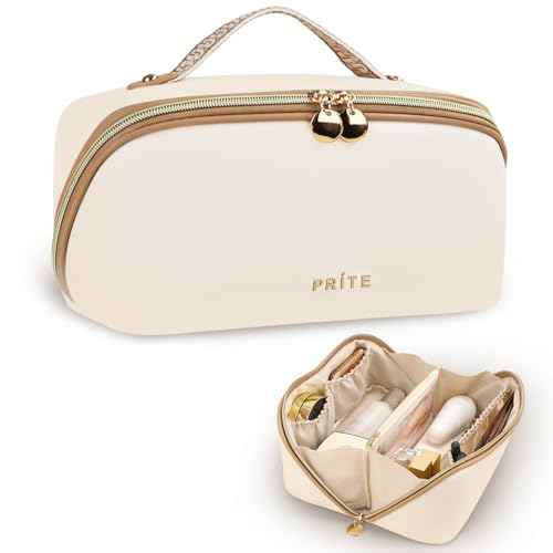 Prite Makeup Bag for Women Travel Waterproof Vegan Leather Cosmetic Bag Open Flat Toiletry Bag With Clear Divider and Handle (Large Beige)