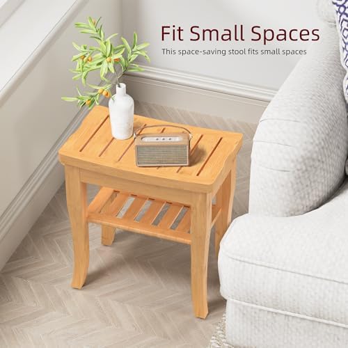 Bamboo Shower Bench, Spa Small Shower Stool for Inside Shower Waterproof, Bathroom Bench Seat with Storage Shelf for Adults Elderly Seniors, Wood Chair for Indoor or Outdoor Use, Natural