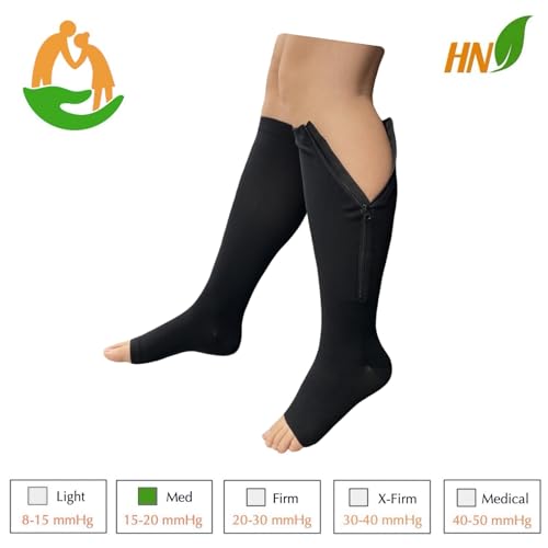 Seniors Care 15-20 mmHg Zipper Compression Leg Calf Open Toe Socks (Black, Small-Medium)