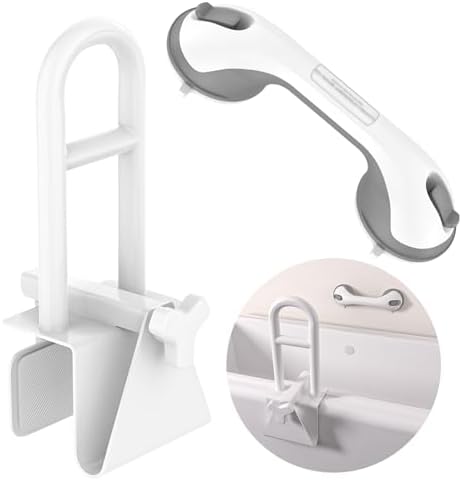 Adjustable Bathtub Safety Rail with Showers Suction Handle,YuanDe 17x6 Inch Stainless Steel Tub Handle Grab Bar, Heavy Duty Bath Handles Clamp for Elderly Seniors Injury Disabled (300 LBS), White