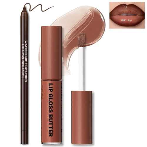 Nourishing Lip Gloss with Brown Lip Liner Lip Combo Set, Moisturizing High Shine Nude Lip Glow Oil Fresh Lightweight Glossy Plumping Lip Gloss for Women Long Wear Mini Liquid Lipstick Makeup#8