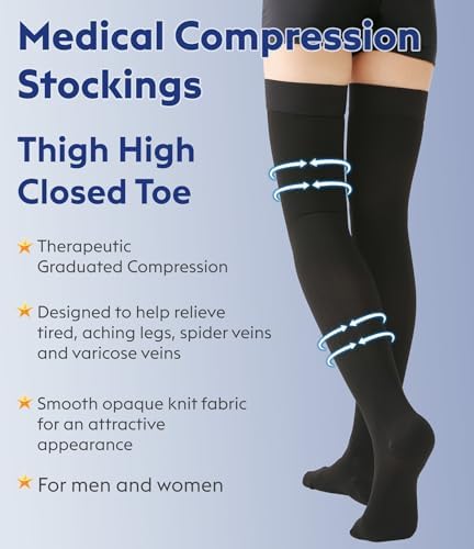 Thigh High Compression Stockings Closed Toe for Men & Women, Opaque, KEKING 15-20mmHg Graduated Compression Leg Support Hose with Silicone Band - Swelling, Varicose Veins, Edema, DVT, Black Medium