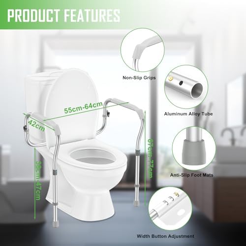 Toilet Safety Rail for Seniors with 2 Reinforced Nuts, Height & Width Adjustable Toilet Safety Frame, Bathroom Assist Rail with Armrests, Bathroom Safety, 250 lb. Weight Capacity(Grey)