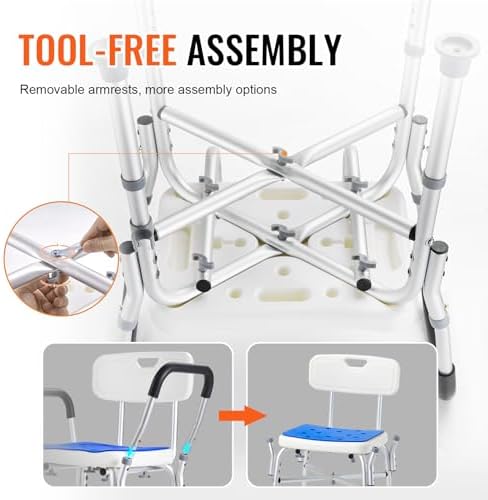 Shower Chair Seat, 400 lbs Capacity, Shower Stool with Crossing Bar, Padded Armrests and Back, Shower Chair for Inside Shower Bathtub, Adjustable Height Bench Bath Chair for Elderly Disabled