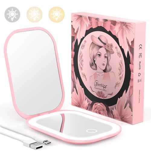 Benbilry Ultra Slim Pocket Mirror with Light, 1X/3X Magnifying LED Compact Travel Mirror with 3-Colored Dimming Lights for Purse, 2-Sided, Handheld, Folding, Portable, Light Pink