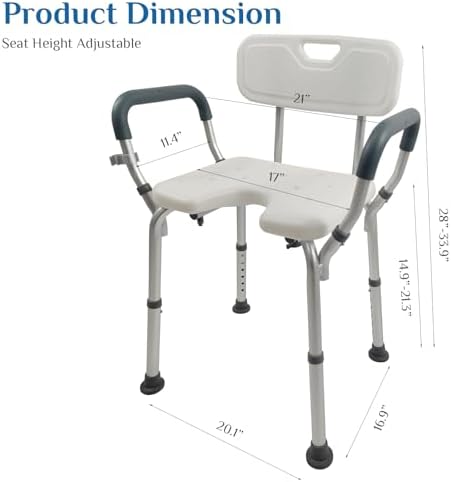 Shower Chair Seat with Arms and Back, Padded Handicap Shower Bench for Adults, Elderly and Disabled, Adjustable seat Height ranges from 14.9 to 21.3 inches