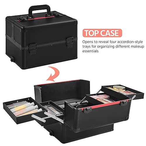 Yaheetech 4 in 1 Professional Makeup Train Case Aluminum Cosmetic Case Rolling Makeup Case Extra Large Trolley Makeup Travel Organizer, with 360¡Æ Swivel Wheels, Black
