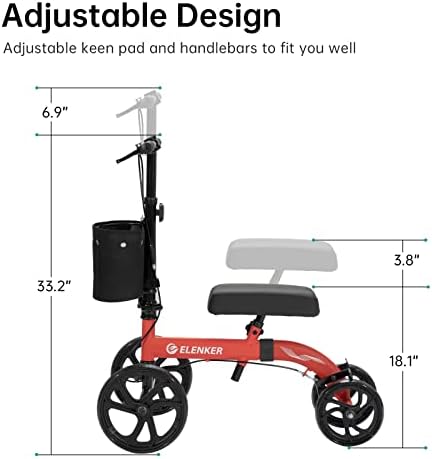 ELENKER Best Value Knee Walker with 10" Front Wheels Steerable Medical Scooter Crutch Alternative with Dual Braking System Red