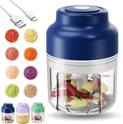 Household Electric Garlic Crusher, Electric Garlic Chopper, Mini Portable Veggie Chopper with 4/6 Stainless Steel Blades, Wireless Rechargeable Food Cutter for Garlic, Onion, Chili (Blue,320ML)