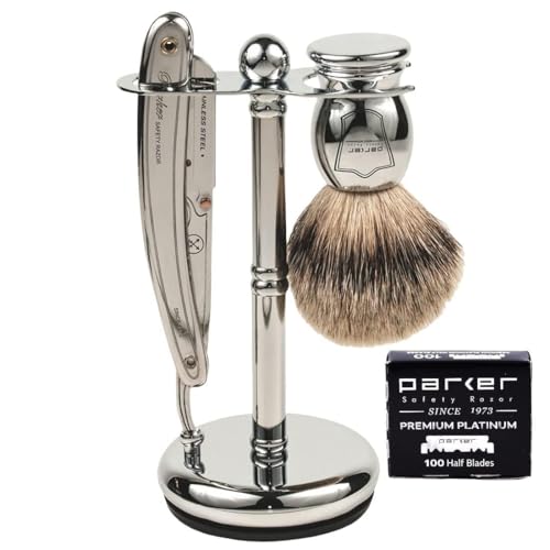 Parker SR1 Classic Straight Razor Set for the Ultimate Wet Shave ? Includes 100% Pure Badger Brush, Chrome Stand & 100 Premium Stainless Steel Blades ? Barber?Quality Grooming Kit for Men