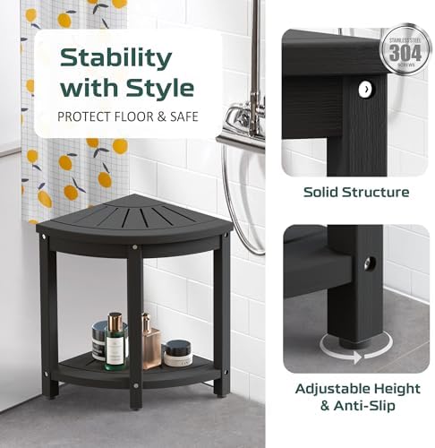 Corner Shower Stool for Inside Shower Waterproof, HIPS Poly Lumber Shower Bench Seat Chair, Bath Shower Stool for Shaving Legs Foot Rest with Adjustable & Non-Slip Feet, Load 400 lbs, Black