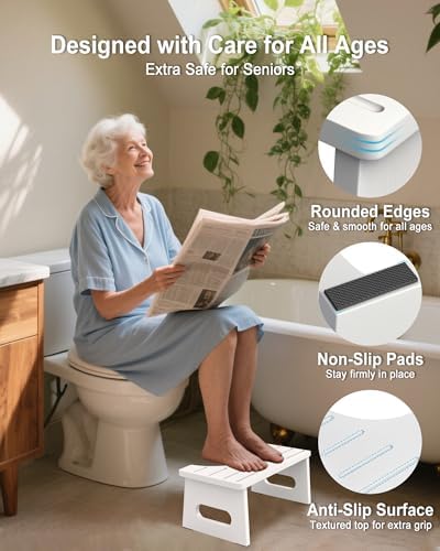 Foldable Toilet Stool, 7 Inches Bamboo Toilet Stool Squat for Adults, Collapsible Poop Stool for Bathroom, Potty Step Stool with Non-Slip Strip (White)