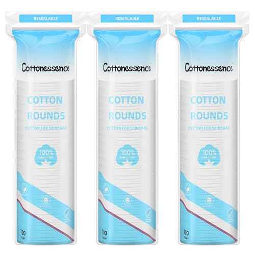 Cotton Rounds for Facial Cleansing and Nail Polish Removal - 100% Pure Cotton, Hypoallergenic Makeup Remover Pads, Lint-Free Multi-Layer Design (100 Count, Pack of 3)