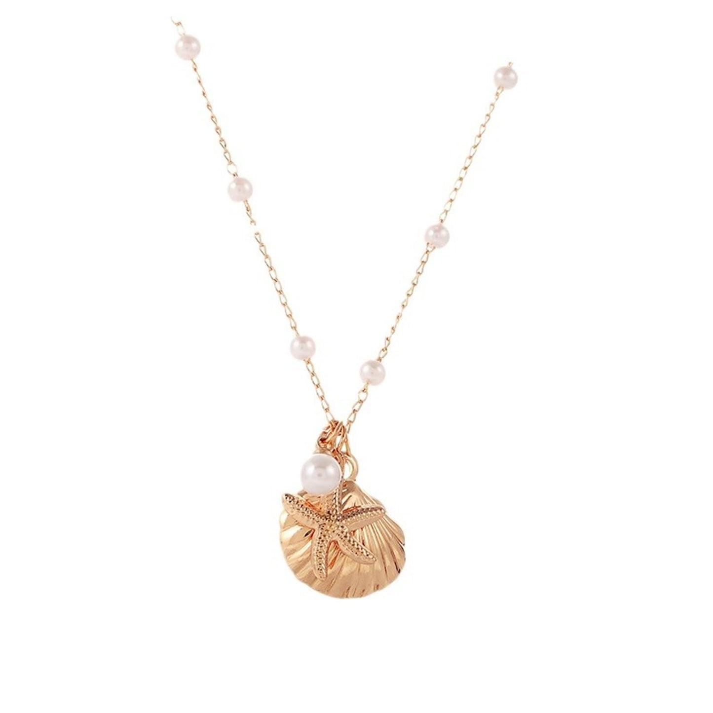 Boho Starfish Seashell Layered Necklace Gold Silver Plated Dainty Charm Double Layer Sea Shell Lucky Stars Ocean Animal Chain Necklace for Women Hawaiian Summer Beach Vacation Jewelry Gifts (Gold pearl necklace)