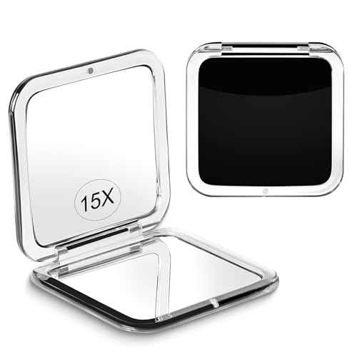 SANTOO Compact 15X Magnifying Makeup Mirror for Travel, Small Pocket Mirror-Handheld, Foldable & Portable 2-Sided with 15X Magnifying and 1X Mirror for Purses - Square 3.3 x 3.3 inch (Black)