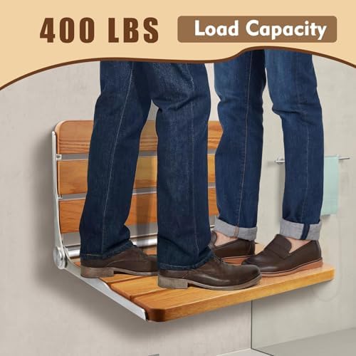 16" Teak Folding Shower Seat Wall Mounted, Foldable Shower Bench, 400lbs Max Load, Space-Saving Fold Down Design for Seniors, Elderly & Small Shower Spaces