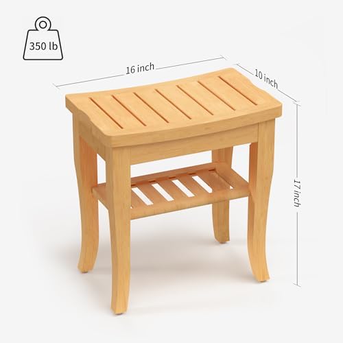 Bamboo Shower Bench, Spa Small Shower Stool for Inside Shower Waterproof, Bathroom Bench Seat with Storage Shelf for Adults Elderly Seniors, Wood Chair for Indoor or Outdoor Use, Natural
